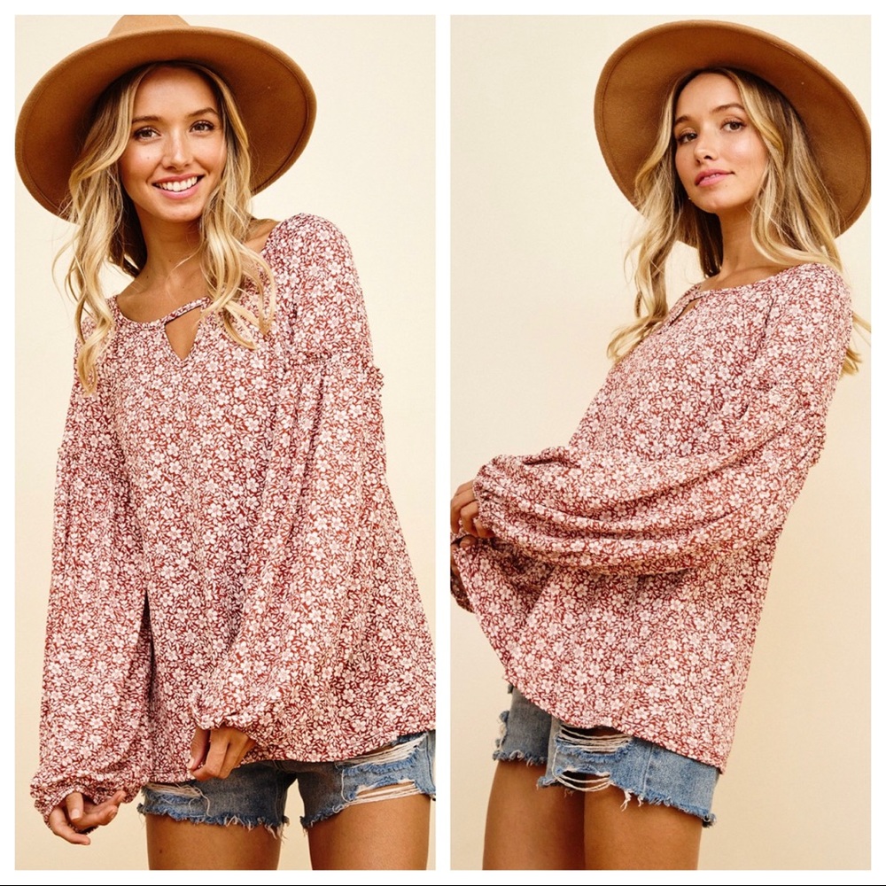 Boho chic Floral Print Lantern Sleeves Top - Picture 2 of 6